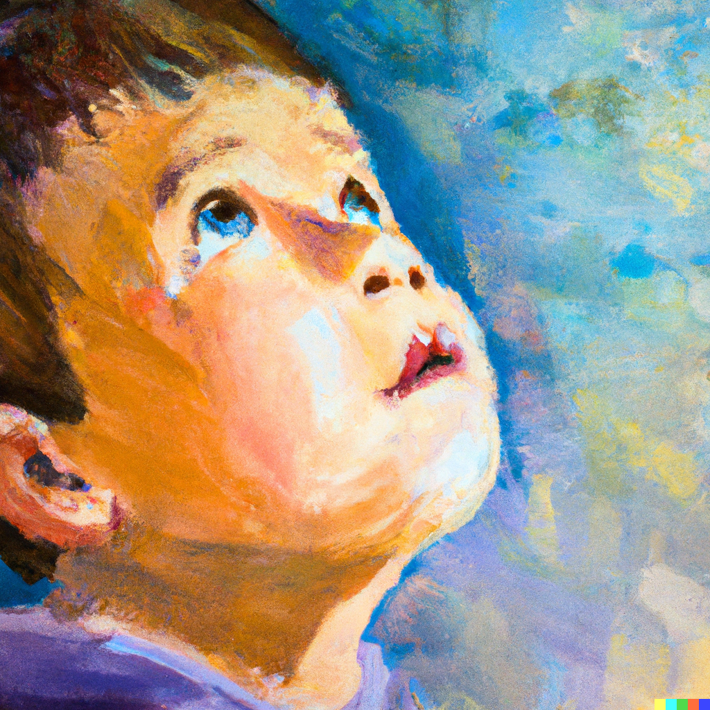 DALLE 2023-02-14 082353 - a curious child looks up this is a bright impressionist oil painting - French in Real Life a curious child looks up, dall-e-2. do you know how a child learns a language? dive in like they do with this clip from Inner French podcast