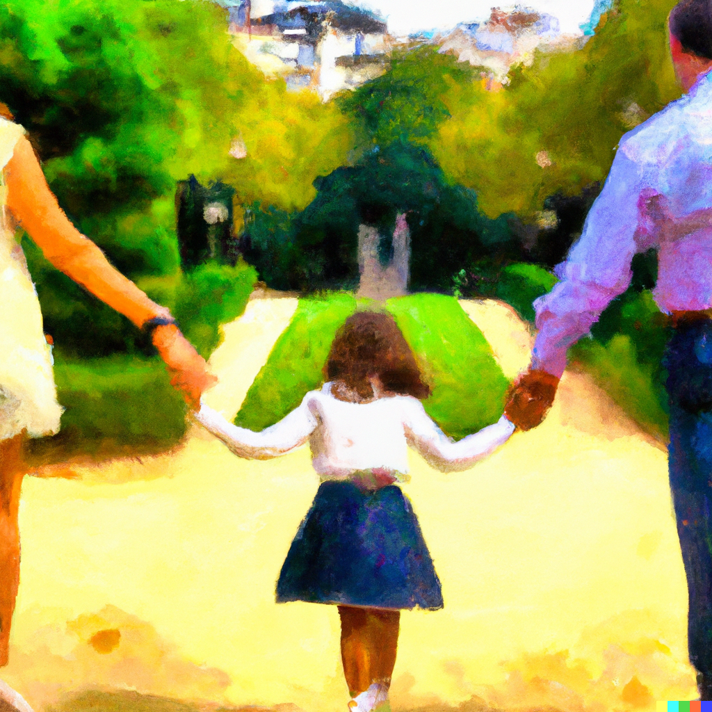 DALLE 2023-02-13 062501 - a bright impressionist painting of a child holding her parents hands in a park in france - French in Real Life a girl holds her parents hands in a park in Paris, created with dall-e-2, take this French listening practice to improve your listening comprehension, one word at a time from any level!